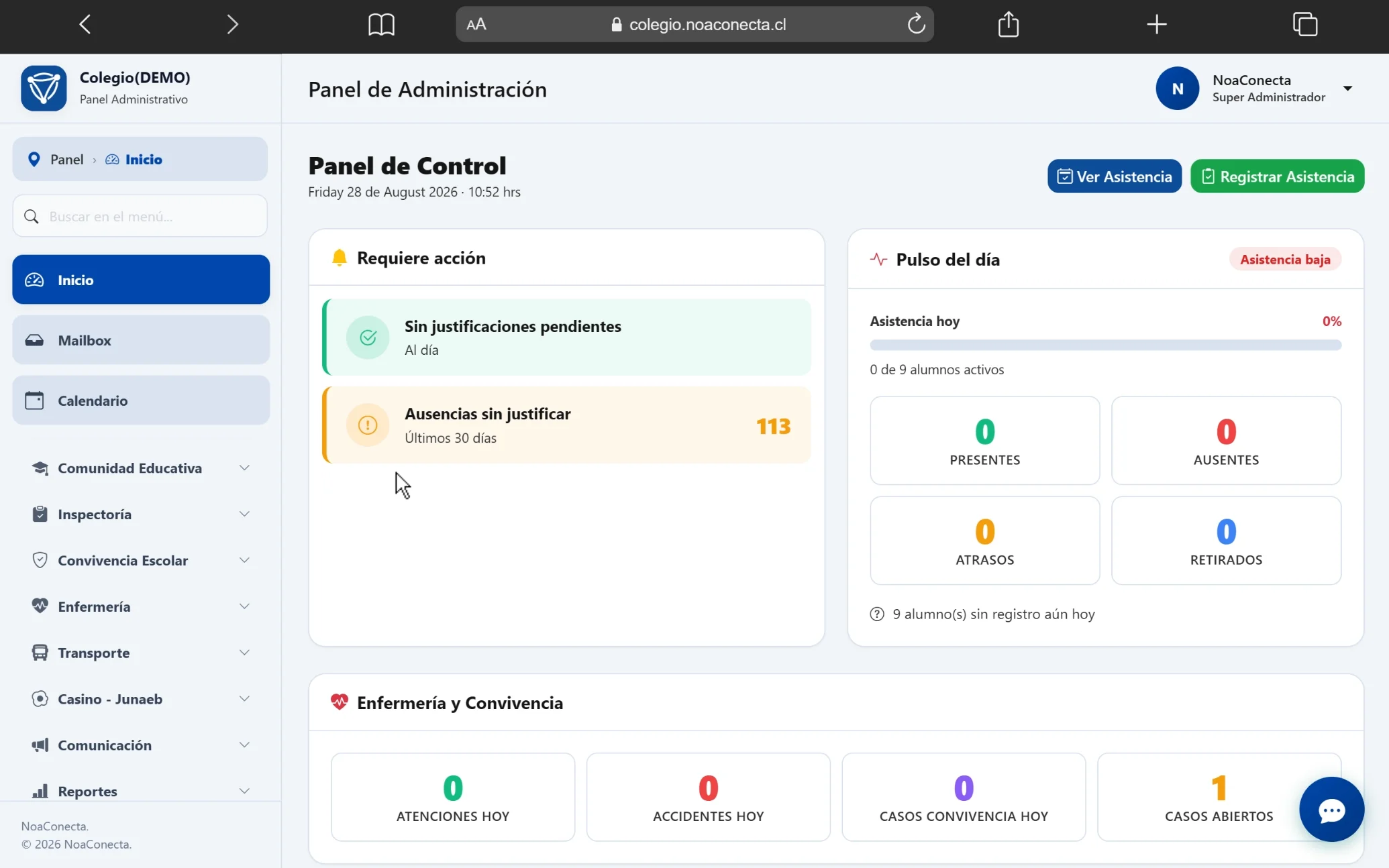 Dashboard real de NoaConecta: panel operacional del colegio con retiros, autorizaciones y trazabilidad